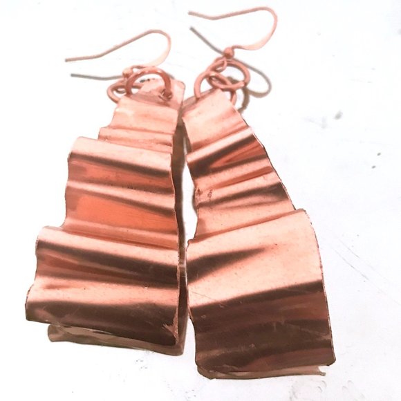 Solid Copper Crinkle Long Earrings Rustic Dangle Handmade Artisan Form Folded - Picture 3 of 8